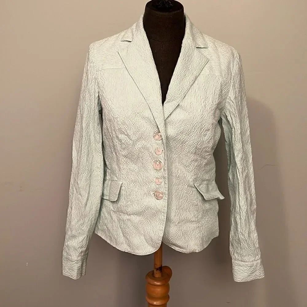 Mifresia Women's Sea foam Green and White Seersucker Blazer